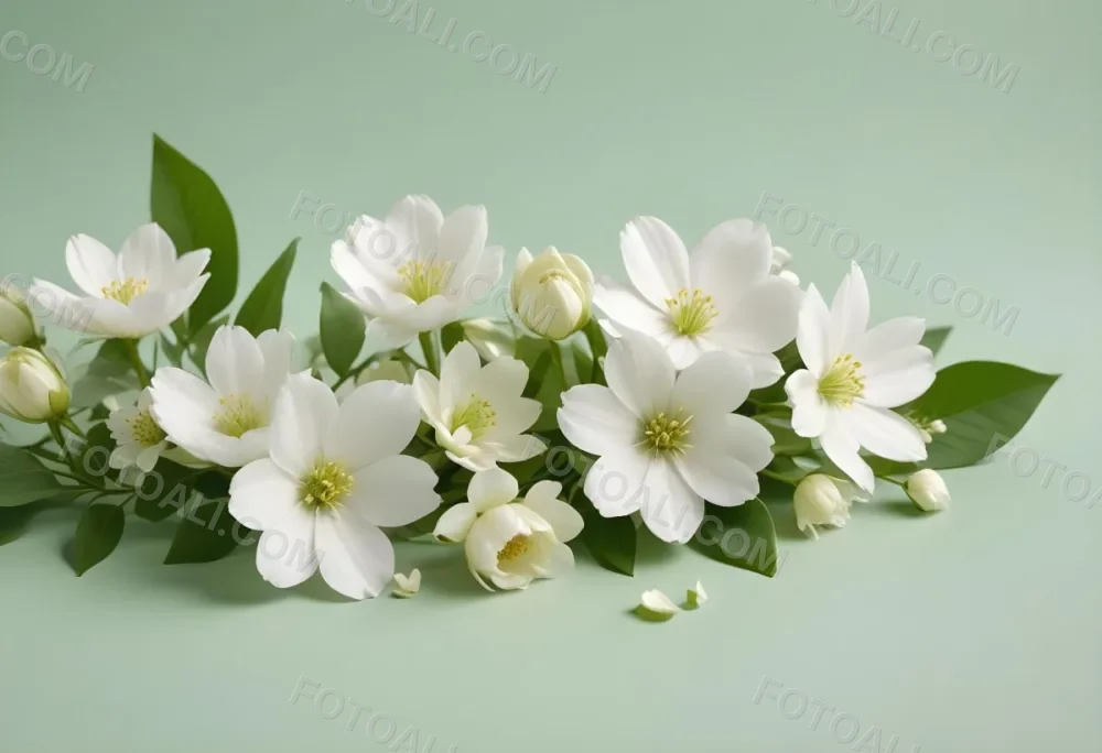 White Flowers And Petals On A Light Green Background Floral Arrangement Soft Lighting Minimalist Composition Fresh And Delicate Spring Theme Clean Aesthetic 42 Cde9