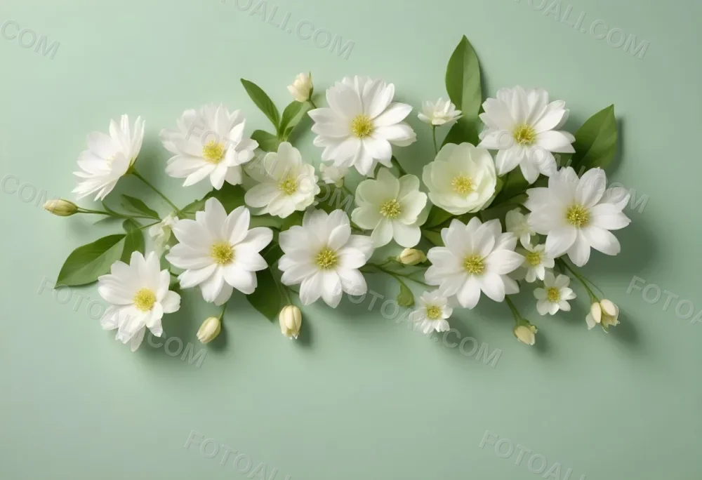 White Flowers And Petals On A Light Green Background Floral Arrangement Soft Lighting Minimalist Composition Fresh And Delicate Spring Theme Clean Aesthetic 44 3337