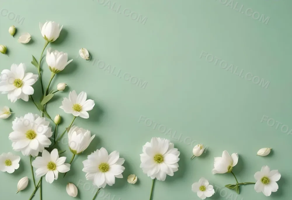 White Flowers And Petals On A Light Green Background Floral Arrangement Soft Lighting Minimalist Composition Fresh And Delicate Spring Theme Clean Aesthetic 51 Dbcc