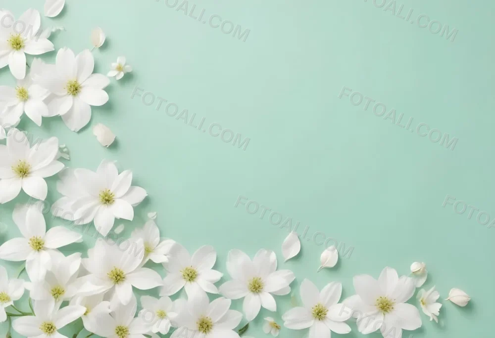 White Flowers And Petals On A Light Green Background Floral Arrangement Soft Lighting Minimalist Composition Fresh And Delicate Spring Theme Clean Aesthetic 6 B74d