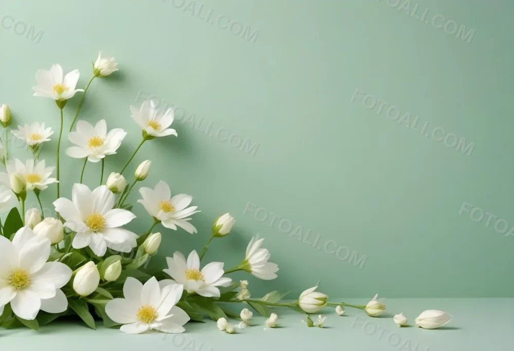 White Flowers And Petals On A Light Green Background Floral Arrangement Soft Lighting Minimalist Composition Fresh And Delicate Spring Theme Clean Aesthetic 65 B5e1