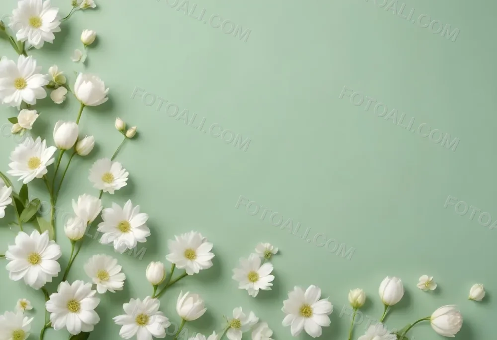 White Flowers And Petals On A Light Green Background Floral Arrangement Soft Lighting Minimalist Composition Fresh And Delicate Spring Theme Clean Aesthetic 66 E60d