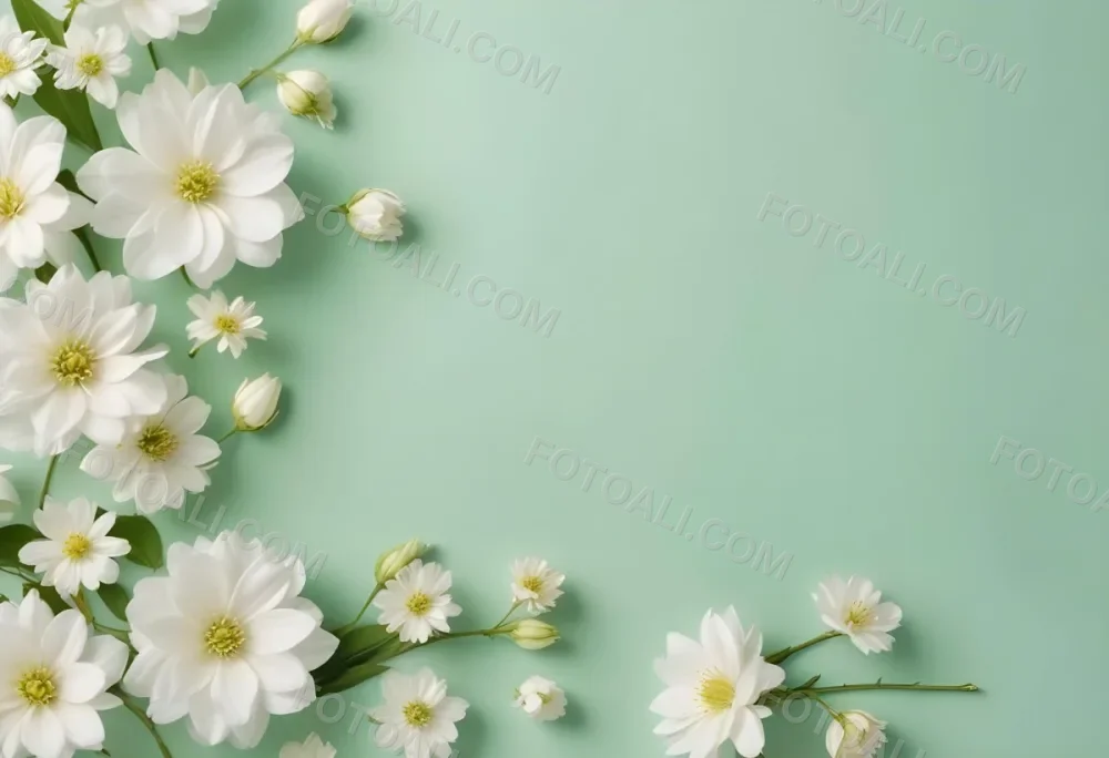 White Flowers And Petals On A Light Green Background Floral Arrangement Soft Lighting Minimalist Composition Fresh And Delicate Spring Theme Clean Aesthetic 69 Cbec