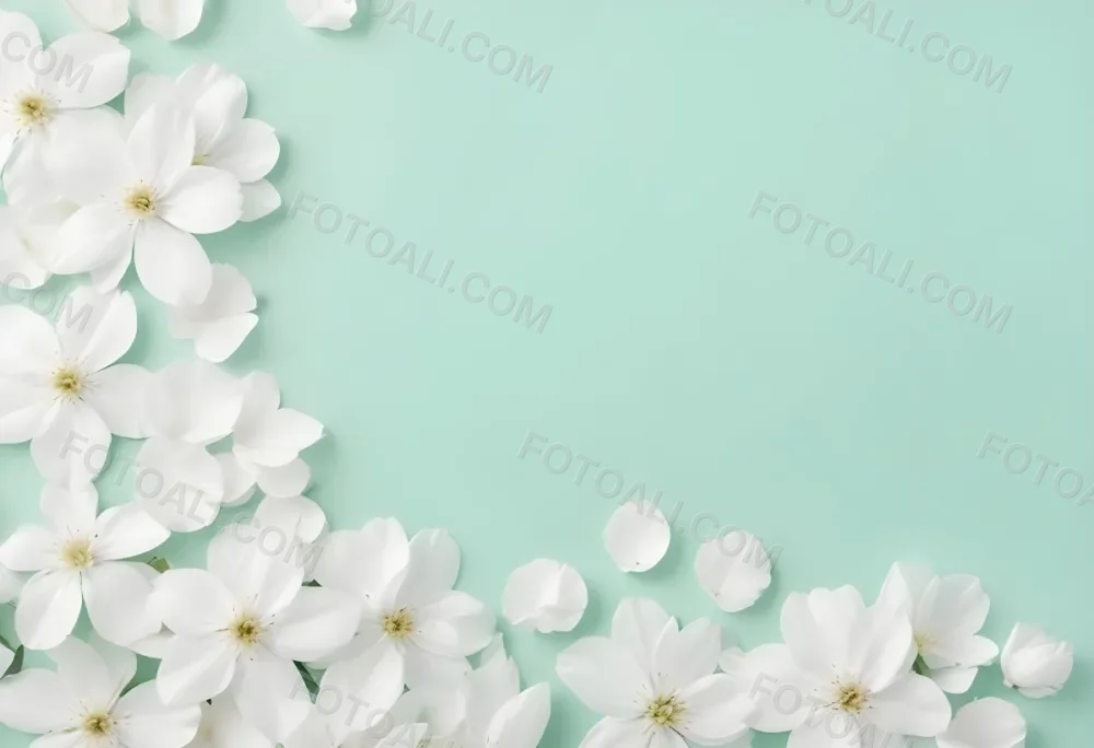 White Flowers And Petals On A Light Green Background Floral Arrangement Soft Lighting Minimalist Composition Fresh And Delicate Spring Theme Clean Aesthetic 7 E26d