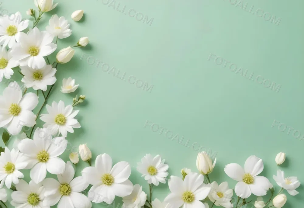 White Flowers And Petals On A Light Green Background Floral Arrangement Soft Lighting Minimalist Composition Fresh And Delicate Spring Theme Clean Aesthetic 8 A136