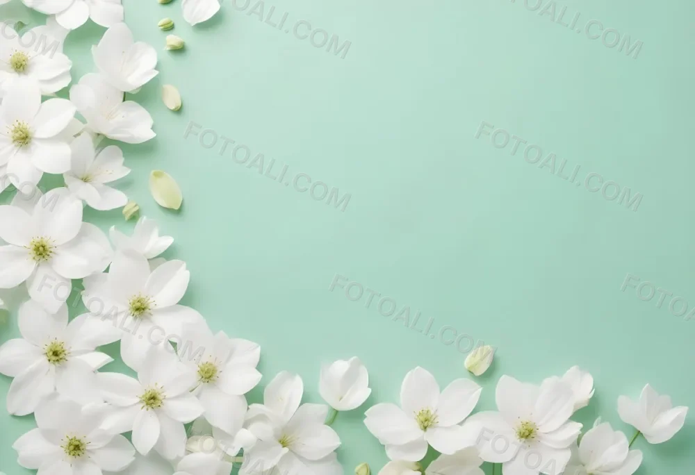 White Flowers And Petals On A Light Green Background Floral Arrangement Soft Lighting Minimalist Composition Fresh And Delicate Spring Theme Clean Aesthetic 9 Db25