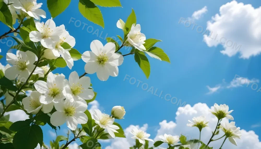 White Flowers With Green Leaves Against A Blue Sky With Clouds 11 8849