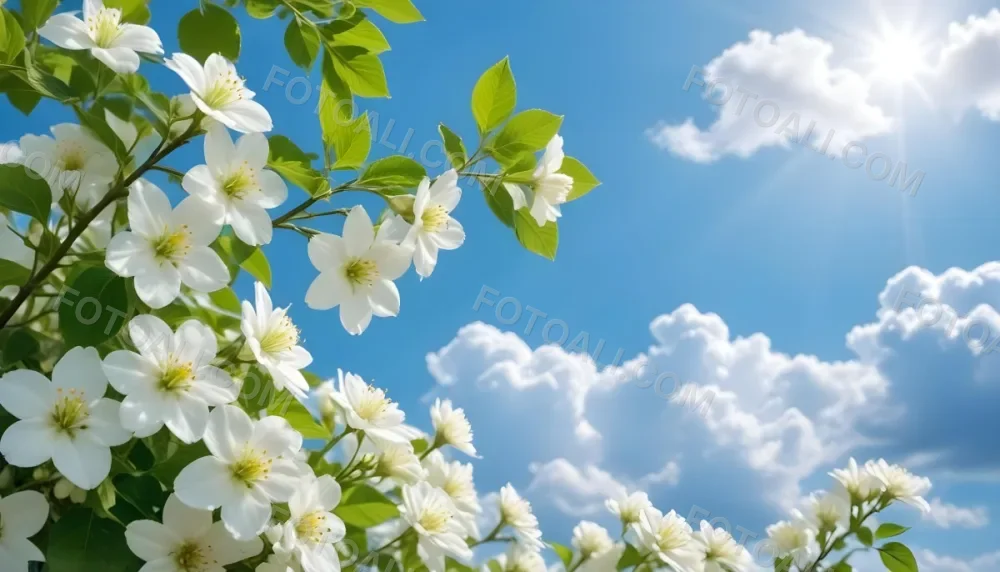 White Flowers With Green Leaves Against A Blue Sky With Clouds 15 A79f
