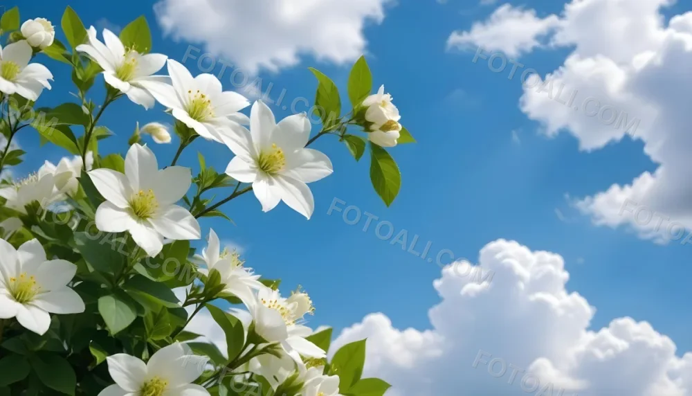 White Flowers With Green Leaves Against A Blue Sky With Clouds 16 E27a