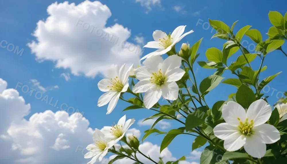 White Flowers With Green Leaves Against A Blue Sky With Clouds 17 4d10