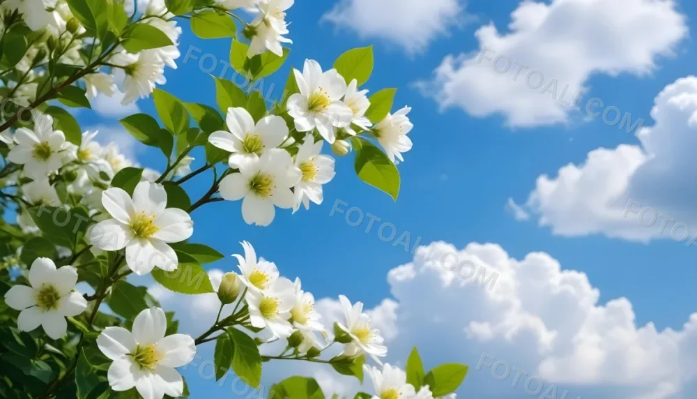 White Flowers With Green Leaves Against A Blue Sky With Clouds 18 9dbd