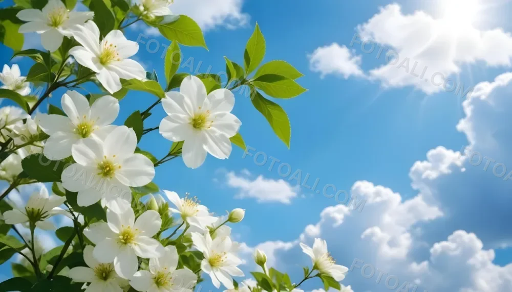 White Flowers With Green Leaves Against A Blue Sky With Clouds 19 2788