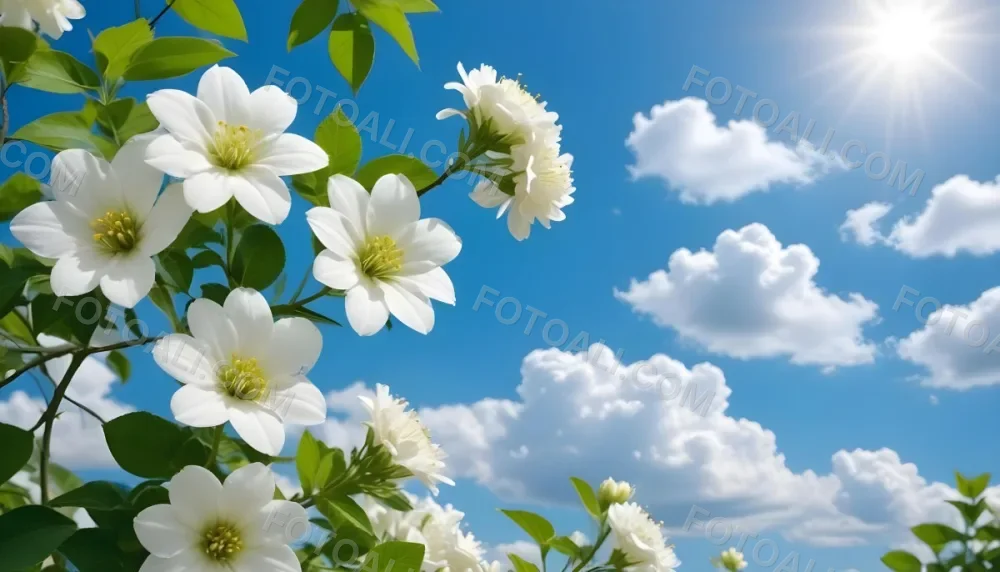 White Flowers With Green Leaves Against A Blue Sky With Clouds 20 54ac