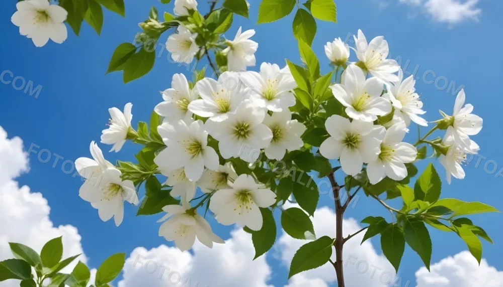 White Flowers With Green Leaves Against A Blue Sky With Clouds 21 9db4