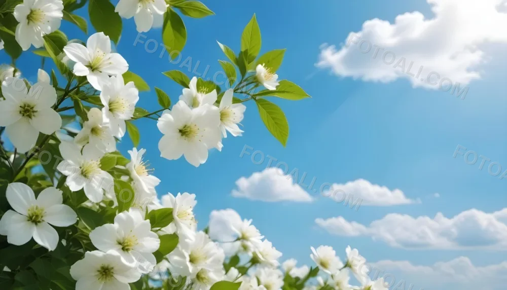 White Flowers With Green Leaves Against A Blue Sky With Clouds 4 52b9