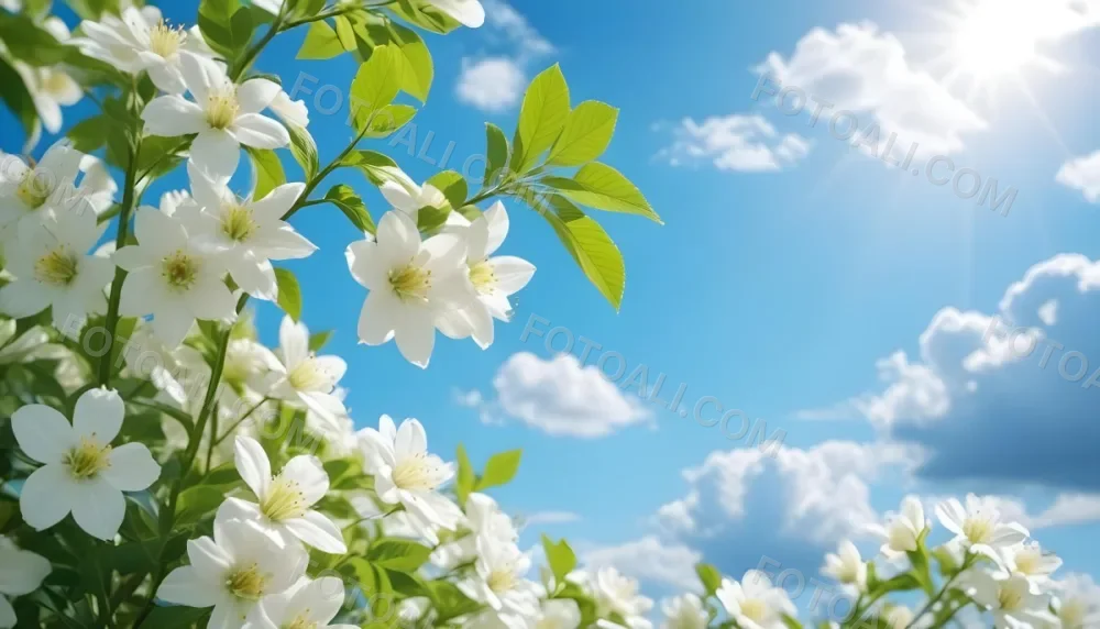 White Flowers With Green Leaves Against A Blue Sky With Clouds 5 C6b6