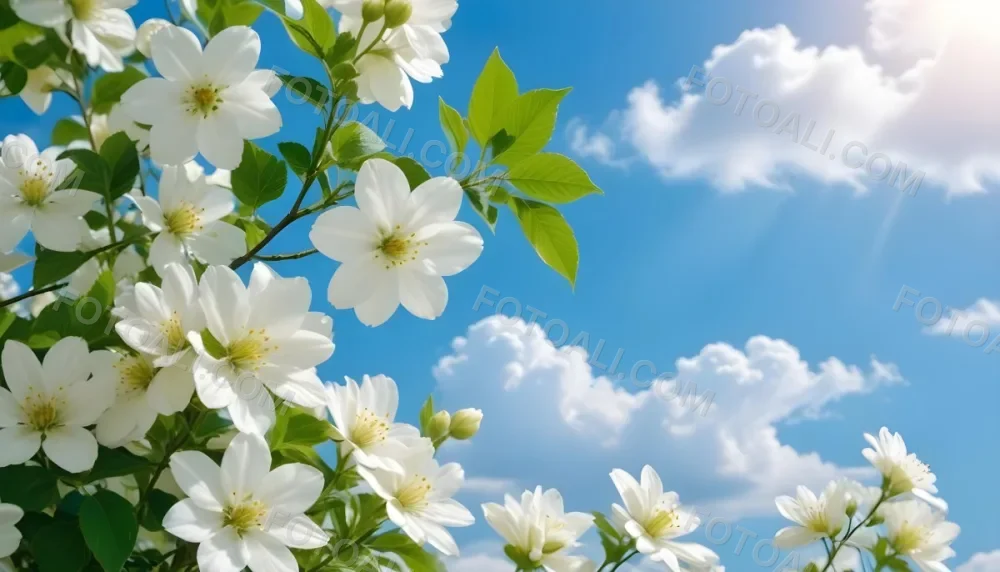 White Flowers With Green Leaves Against A Blue Sky With Clouds 6 90c4