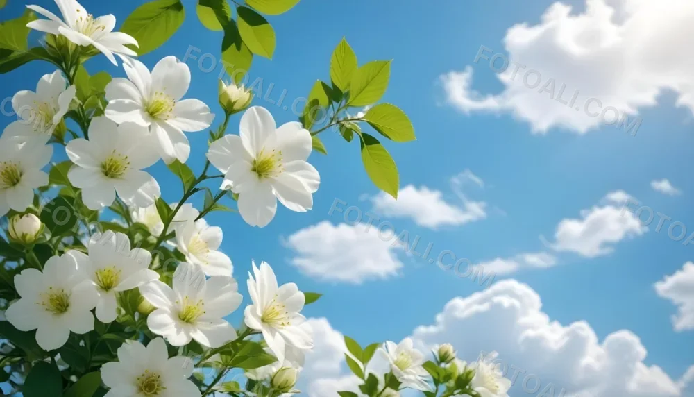 White Flowers With Green Leaves Against A Blue Sky With Clouds 7 0f7c