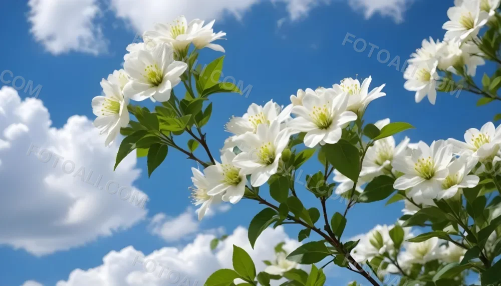 White Flowers With Green Leaves Against A Blue Sky With Clouds 8 Ded6