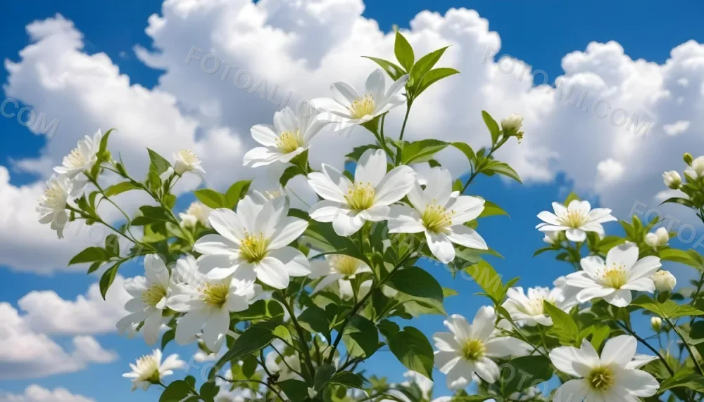 White Flowers With Green Leaves Against A Blue Sky With Clouds 9 32ec