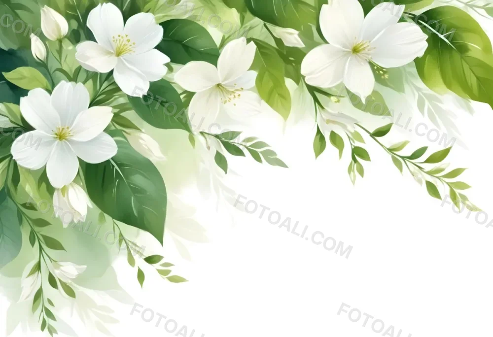 White Flowers With Green Leaves Floral Arrangement Botanical Illustration Soft Lighting Watercolor Style Delicate Details Fresh And Vibrant Nature Inspired Elegant Composition Bright Background 12 9927