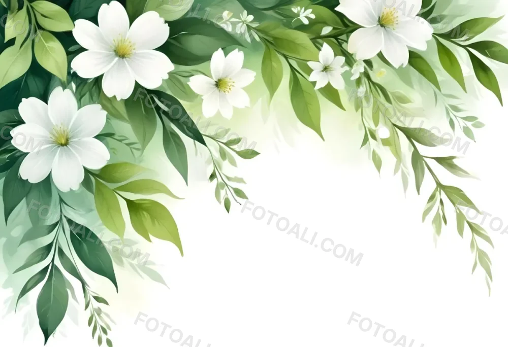White Flowers With Green Leaves Floral Arrangement Botanical Illustration Soft Lighting Watercolor Style Delicate Details Fresh And Vibrant Nature Inspired Elegant Composition Bright Background 20 D9f2