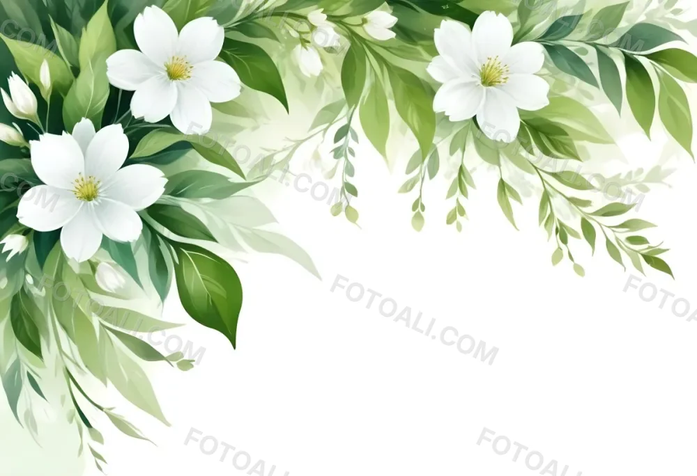 White Flowers With Green Leaves Floral Arrangement Botanical Illustration Soft Lighting Watercolor Style Delicate Details Fresh And Vibrant Nature Inspired Elegant Composition Bright Background 22 Ef41