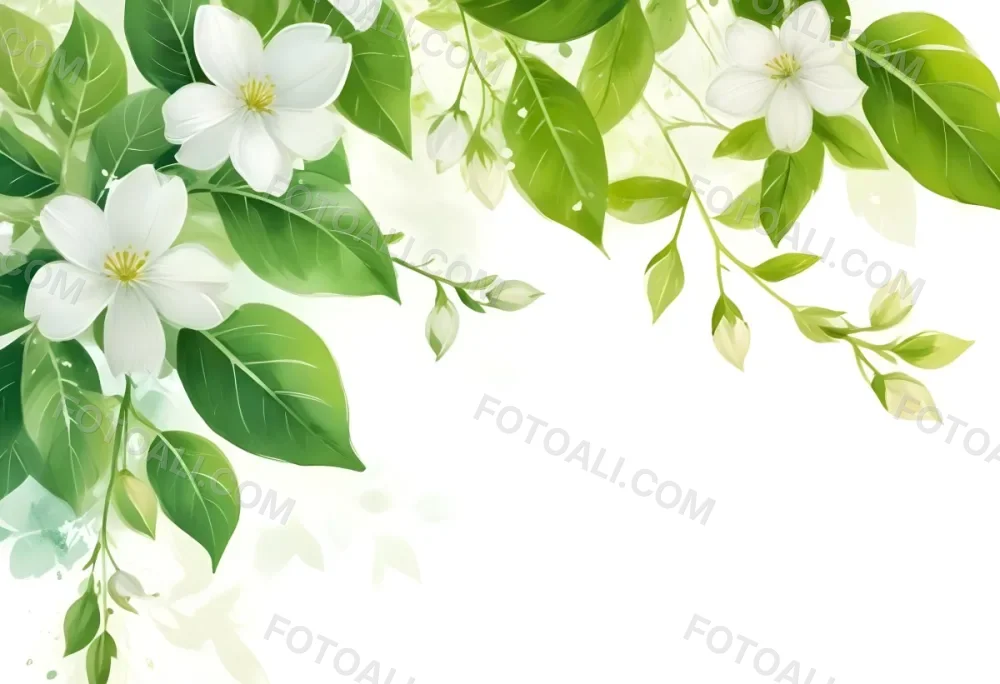 White Flowers With Green Leaves Floral Arrangement Botanical Illustration Soft Lighting Watercolor Style Delicate Details Fresh And Vibrant Nature Inspired Elegant Composition Bright Background 3 37d3
