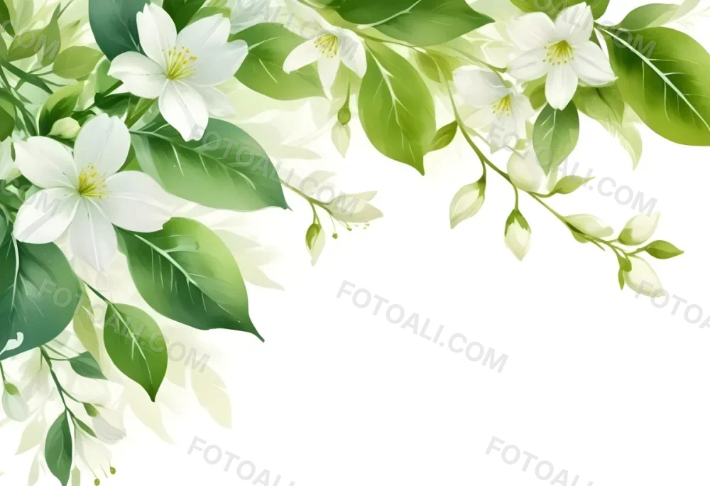 White Flowers With Green Leaves Floral Arrangement Botanical Illustration Soft Lighting Watercolor Style Delicate Details Fresh And Vibrant Nature Inspired Elegant Composition Bright Background 34 47f5