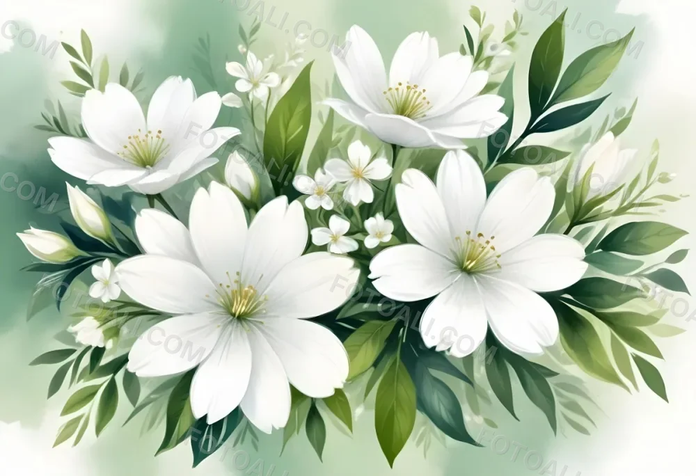 White Flowers With Green Leaves Floral Arrangement Botanical Illustration Soft Lighting Watercolor Style Delicate Details Fresh And Vibrant Nature Inspired Elegant Composition Bright Background 35 8667