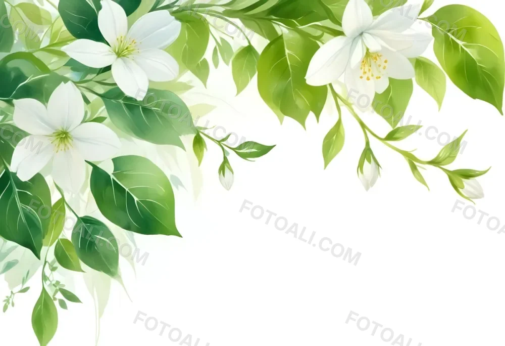 White Flowers With Green Leaves Floral Arrangement Botanical Illustration Soft Lighting Watercolor Style Delicate Details Fresh And Vibrant Nature Inspired Elegant Composition Bright Background 37 083d