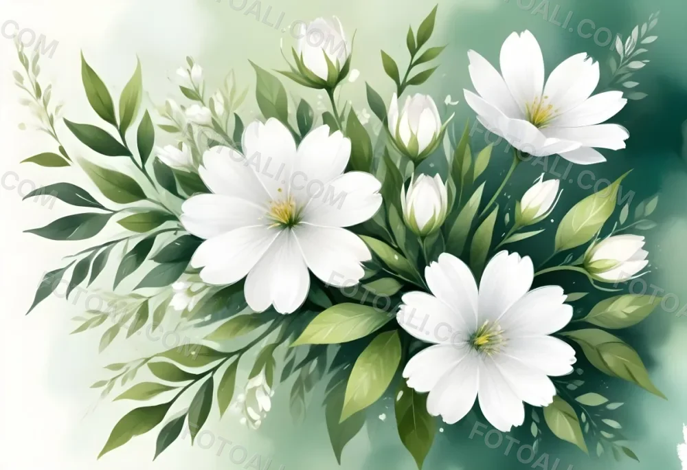 White Flowers With Green Leaves Floral Arrangement Botanical Illustration Soft Lighting Watercolor Style Delicate Details Fresh And Vibrant Nature Inspired Elegant Composition Bright Background 38 695c