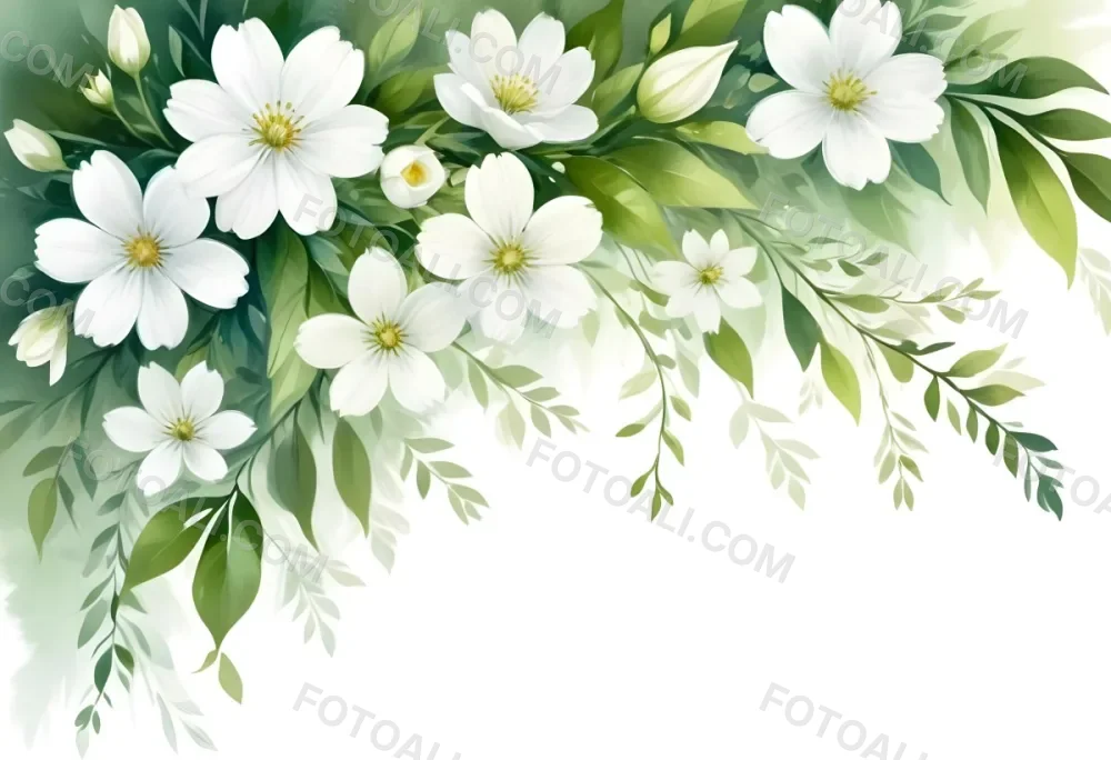 White Flowers With Green Leaves Floral Arrangement Botanical Illustration Soft Lighting Watercolor Style Delicate Details Fresh And Vibrant Nature Inspired Elegant Composition Bright Background 44 A8d1