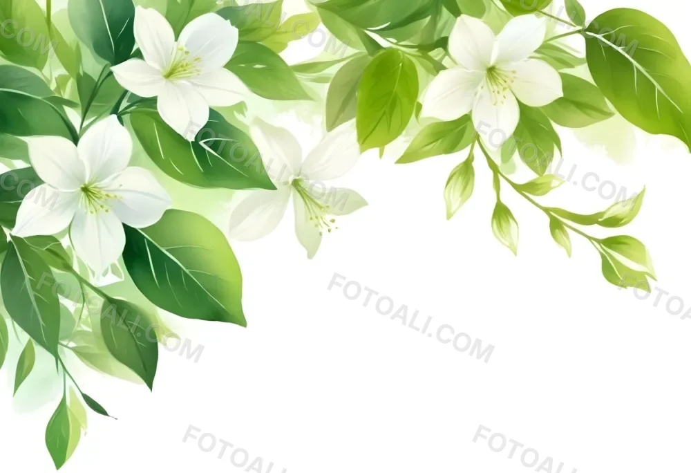 White Flowers With Green Leaves Floral Arrangement Botanical Illustration Soft Lighting Watercolor Style Delicate Details Fresh And Vibrant Nature Inspired Elegant Composition Bright Background 45 692d