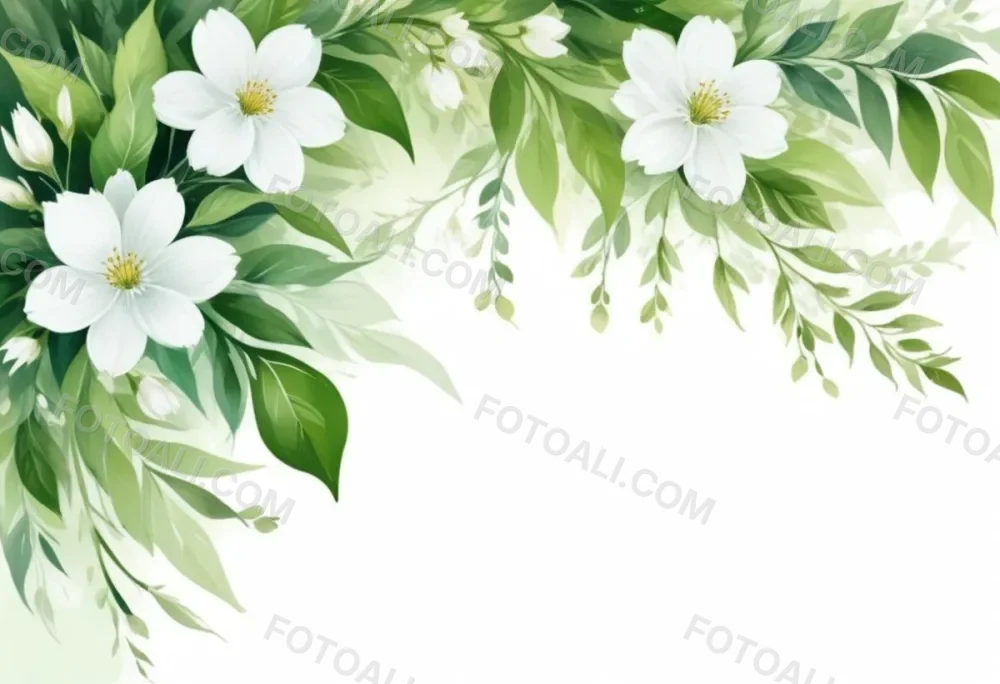 White Flowers With Green Leaves Floral Arrangement Botanical Illustration Soft Lighting Watercolor Style Delicate Details Fresh And Vibrant Nature Inspired Elegant Composition Bright Background 47 C59e