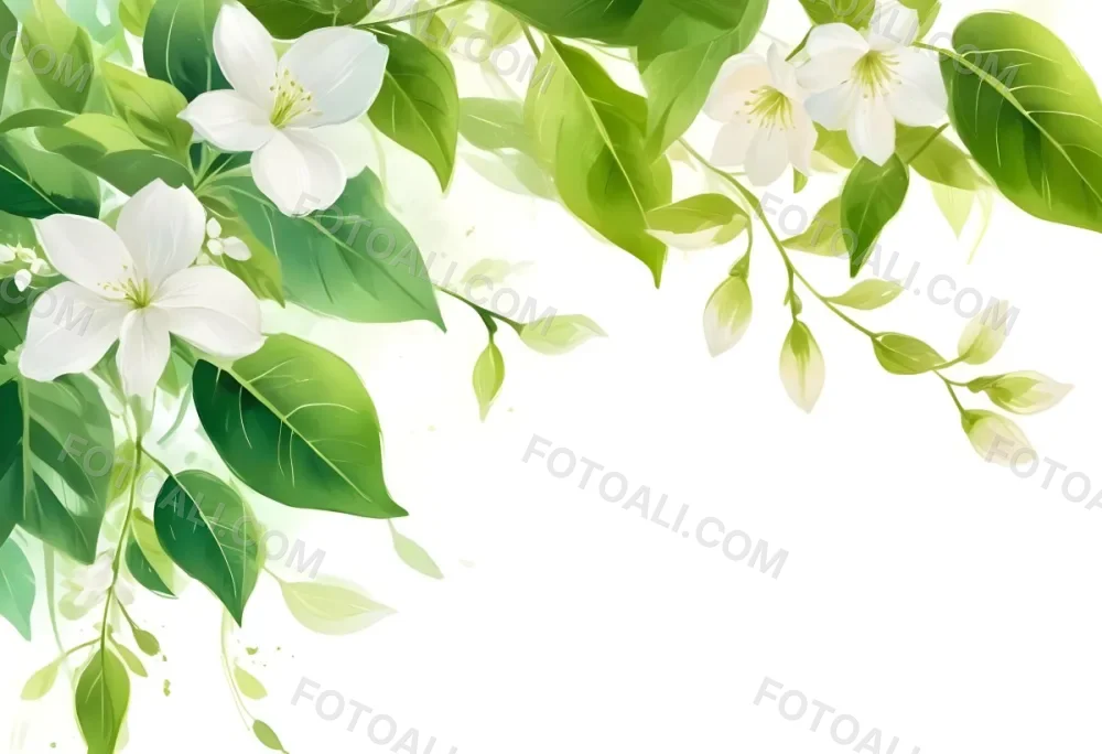 White Flowers With Green Leaves Floral Arrangement Botanical Illustration Soft Lighting Watercolor Style Delicate Details Fresh And Vibrant Nature Inspired Elegant Composition Bright Background 5 3ee3