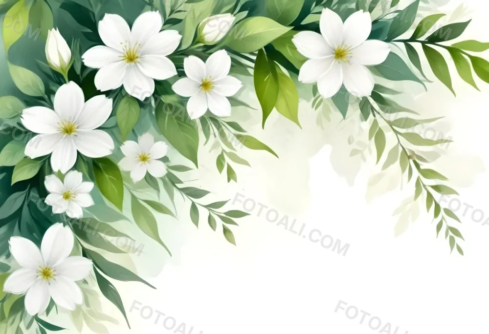 White Flowers With Green Leaves Floral Arrangement Botanical Illustration Soft Lighting Watercolor Style Delicate Details Fresh And Vibrant Nature Inspired Elegant Composition Bright Background 6 3e82