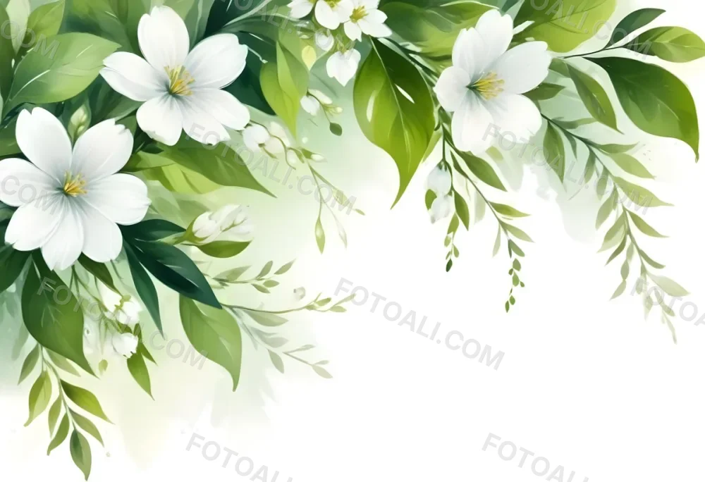 White Flowers With Green Leaves Floral Arrangement Botanical Illustration Soft Lighting Watercolor Style Delicate Details Fresh And Vibrant Nature Inspired Elegant Composition Bright Background 8 A8bf