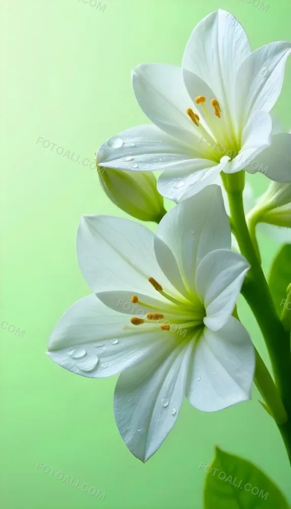White Flowers With Water Drops On The Petals Green Leaves On The Side Light Green Background Soft Light High Detail Macro Photography 1 0a28