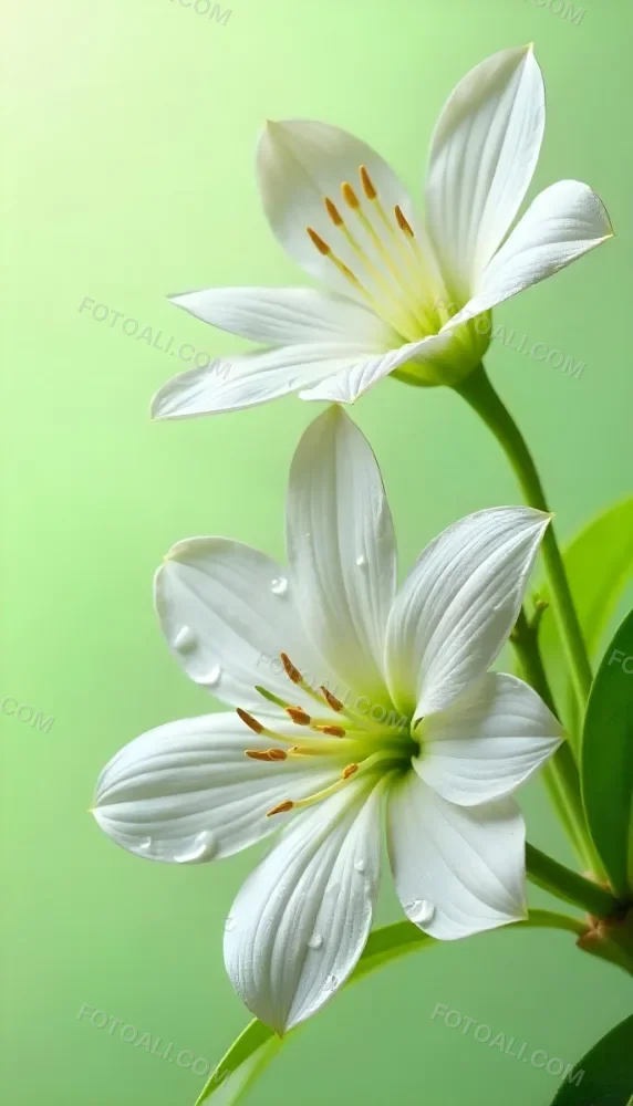 White Flowers With Water Drops On The Petals Green Leaves On The Side Light Green Background Soft Light High Detail Macro Photography 16 41c0