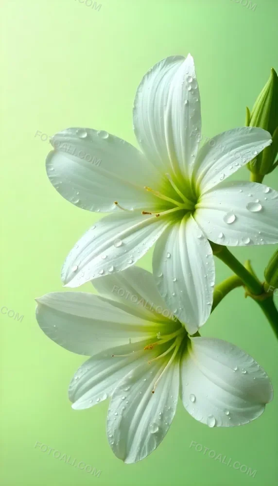 White Flowers With Water Drops On The Petals Green Leaves On The Side Light Green Background Soft Light High Detail Macro Photography 23 6845