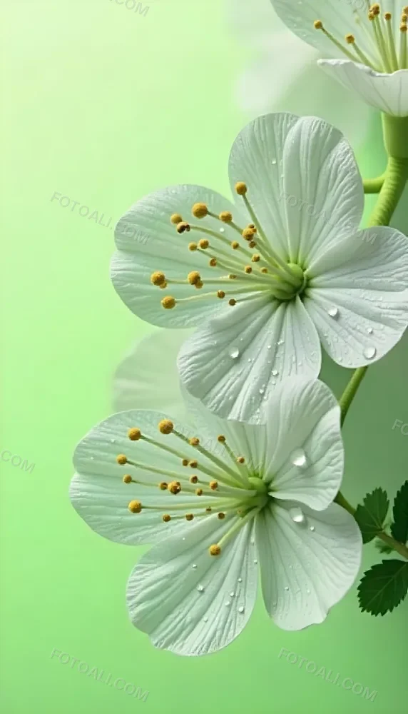 White Flowers With Water Drops On The Petals Green Leaves On The Side Light Green Background Soft Light High Detail Macro Photography 4 9ac9