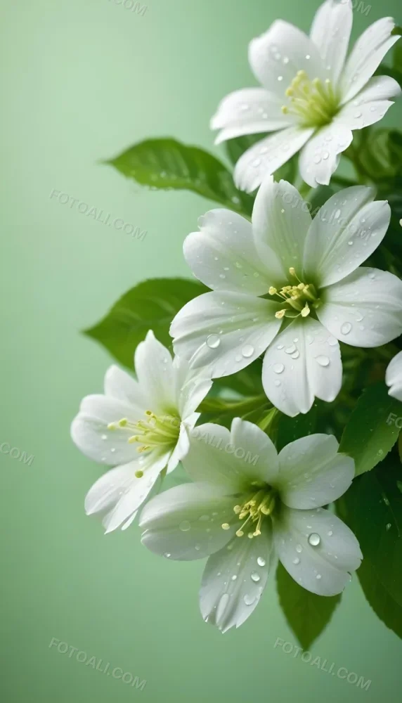 White Flowers With Water Drops On The Petals Green Leaves On The Side Light Green Background Soft Light High Detail Macro Photography 44 1827