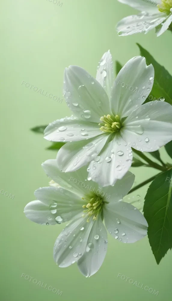 White Flowers With Water Drops On The Petals Green Leaves On The Side Light Green Background Soft Light High Detail Macro Photography 57 B6d9