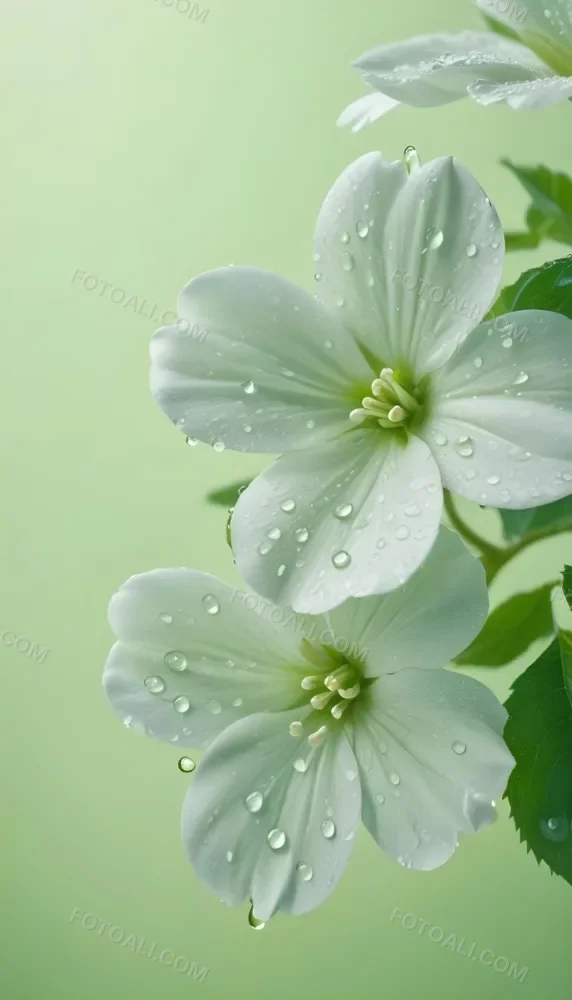 White Flowers With Water Drops On The Petals Green Leaves On The Side Light Green Background Soft Light High Detail Macro Photography 59 572c