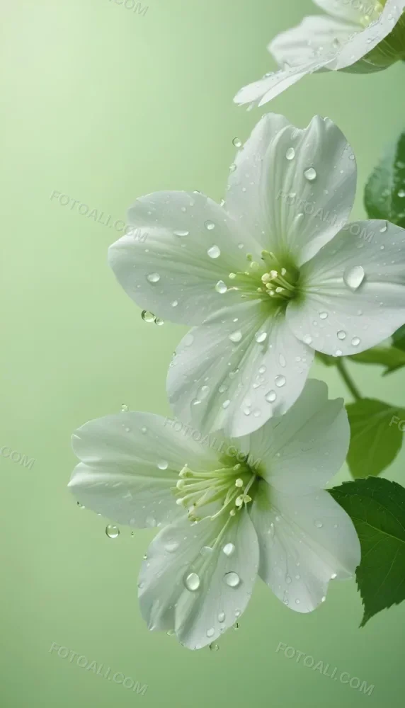 White Flowers With Water Drops On The Petals Green Leaves On The Side Light Green Background Soft Light High Detail Macro Photography 60 Ccf7