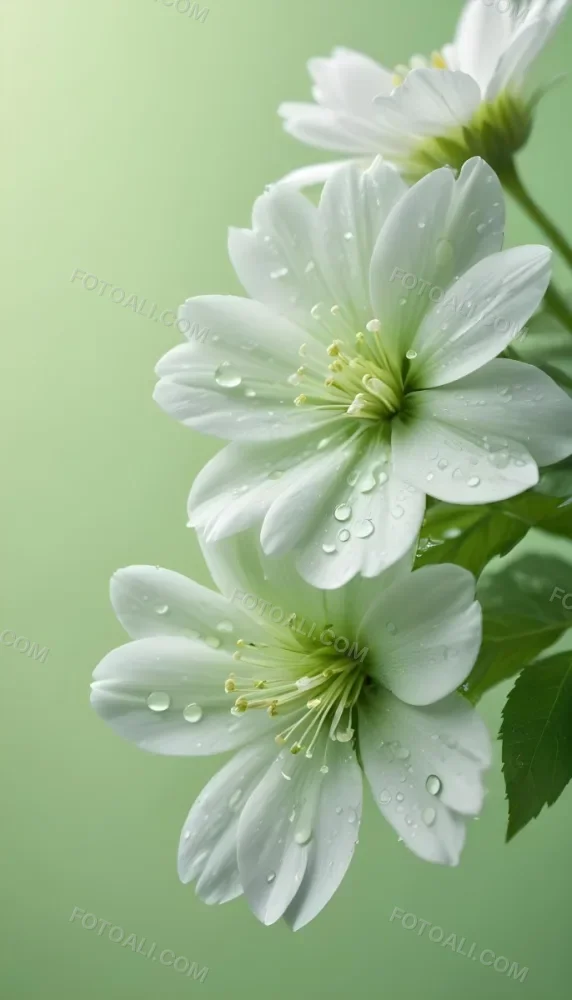 White Flowers With Water Drops On The Petals Green Leaves On The Side Light Green Background Soft Light High Detail Macro Photography 61 Fc8e