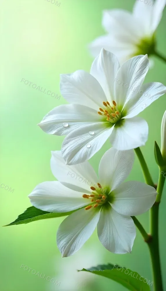 White Flowers With Water Drops On The Petals Green Leaves On The Side Light Green Background Soft Light High Detail Macro Photography 9 8a57