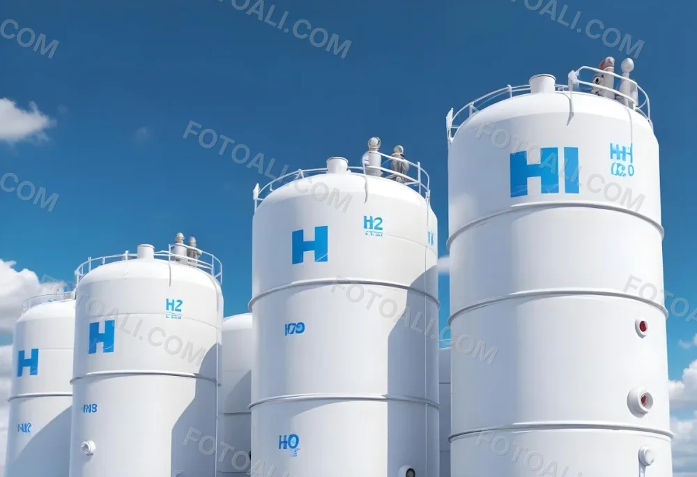 White Hydrogen Tanks With Blue H2 Labels Cylindrical Shape Industrial Design Against A Clear Blue Sky With Some Clouds Clean And Modern Aesthetic 1 533a