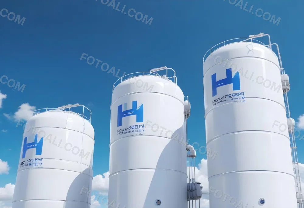 White Hydrogen Tanks With Blue H2 Labels Cylindrical Shape Industrial Design Against A Clear Blue Sky With Some Clouds Clean And Modern Aesthetic 10 Bb89